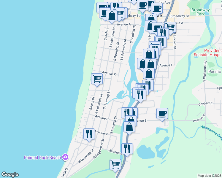 map of restaurants, bars, coffee shops, grocery stores, and more near 1281 South Downing Street in Seaside