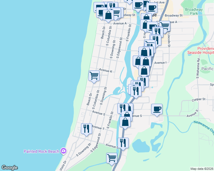 map of restaurants, bars, coffee shops, grocery stores, and more near 1281 South Downing Street in Seaside
