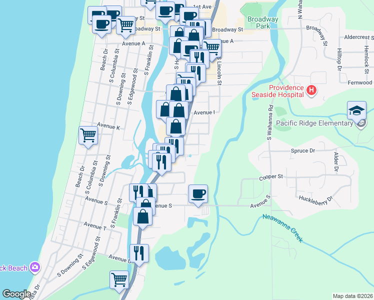 map of restaurants, bars, coffee shops, grocery stores, and more near 1217 South Jackson Street in Seaside