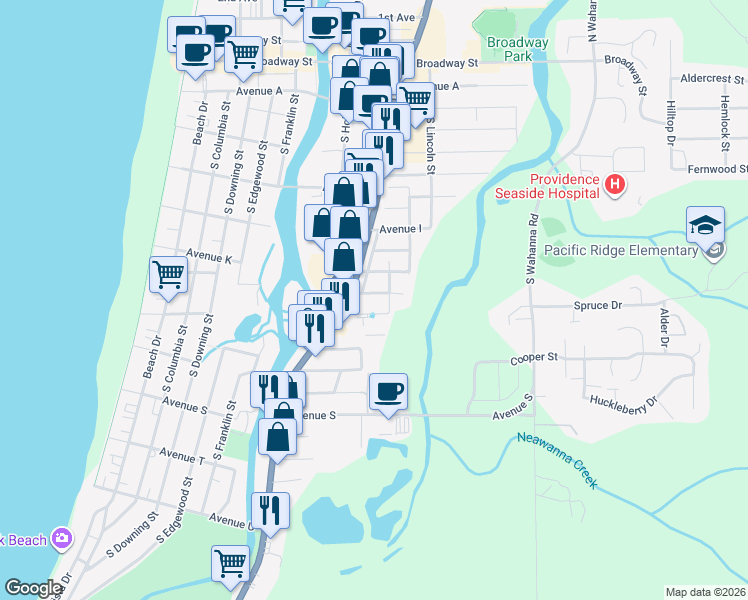 map of restaurants, bars, coffee shops, grocery stores, and more near 1217 South Jackson Street in Seaside