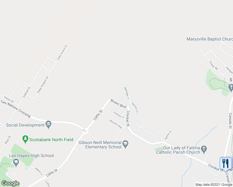 map of restaurants, bars, coffee shops, grocery stores, and more near 36 Brown Boulevard in Fredericton
