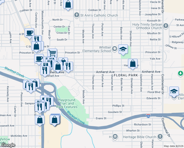 map of restaurants, bars, coffee shops, grocery stores, and more near 2514 Bayard Street in Butte