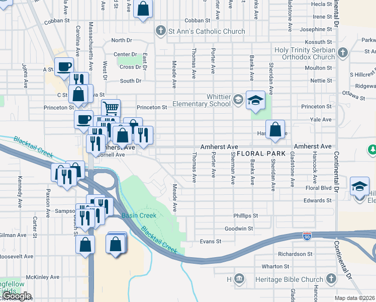 map of restaurants, bars, coffee shops, grocery stores, and more near 2514 Bayard Street in Butte