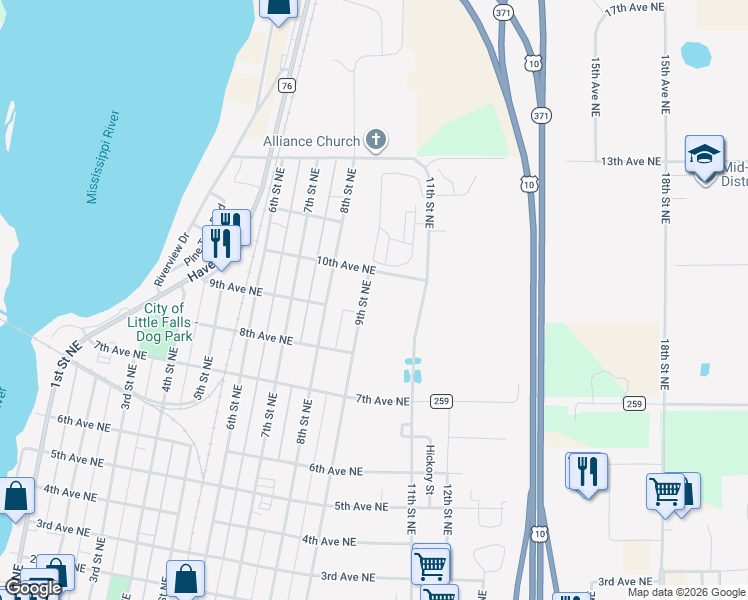 map of restaurants, bars, coffee shops, grocery stores, and more near 910 9th Street Northeast in Little Falls