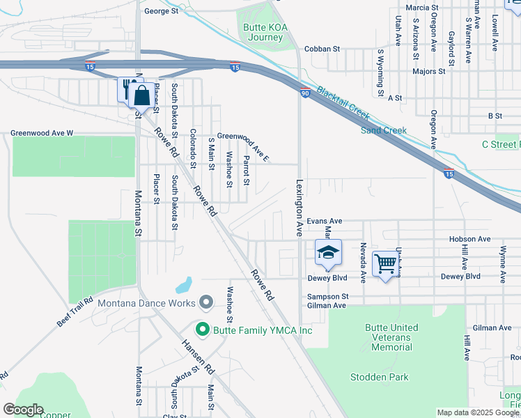 map of restaurants, bars, coffee shops, grocery stores, and more near 2556 Parrot Street in Butte