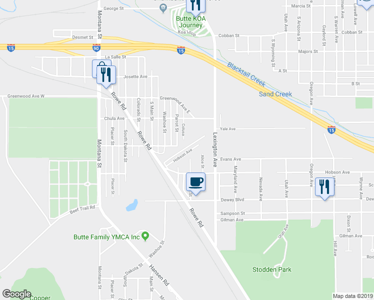 map of restaurants, bars, coffee shops, grocery stores, and more near 201 Hobson Avenue in Butte
