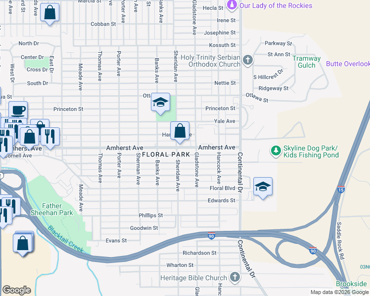 map of restaurants, bars, coffee shops, grocery stores, and more near 3000 Harvard Avenue in Butte