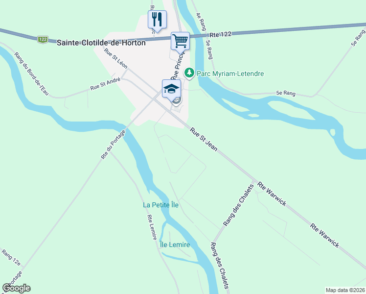 map of restaurants, bars, coffee shops, grocery stores, and more near Rue des Deux-Rives in Sainte-Clotilde-de-Horton