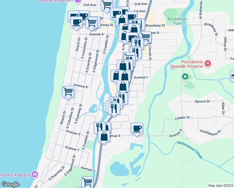 map of restaurants, bars, coffee shops, grocery stores, and more near 1104 South Holladay Drive in Seaside