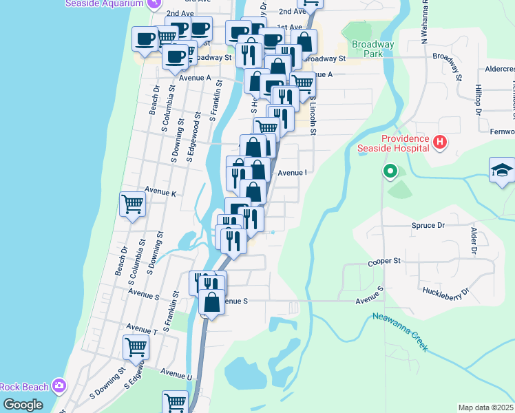 map of restaurants, bars, coffee shops, grocery stores, and more near 820 Avenue K in Seaside