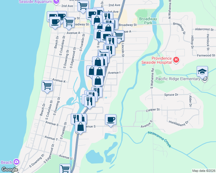 map of restaurants, bars, coffee shops, grocery stores, and more near in Seaside