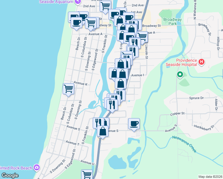 map of restaurants, bars, coffee shops, grocery stores, and more near 1104 South Holladay Drive in Seaside
