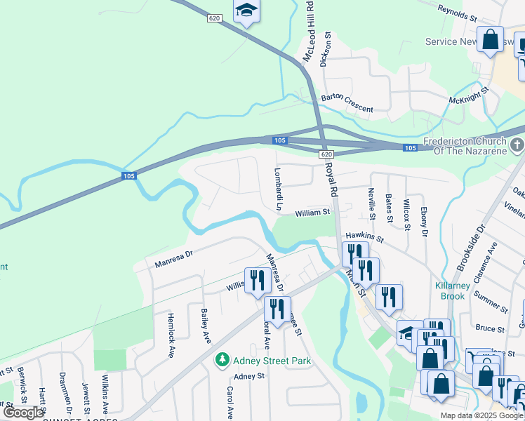map of restaurants, bars, coffee shops, grocery stores, and more near 11 William Street in Fredericton
