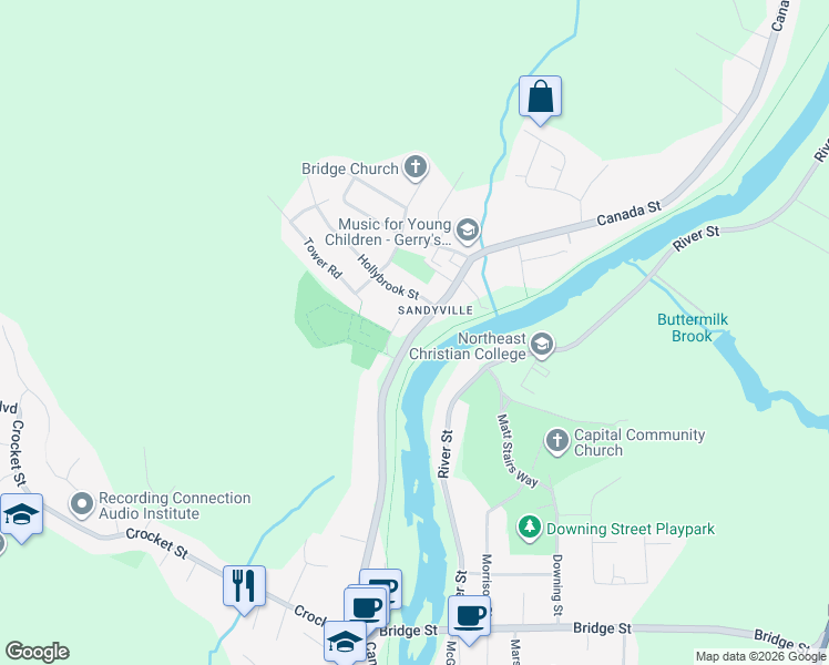 map of restaurants, bars, coffee shops, grocery stores, and more near Canada Street in Fredericton