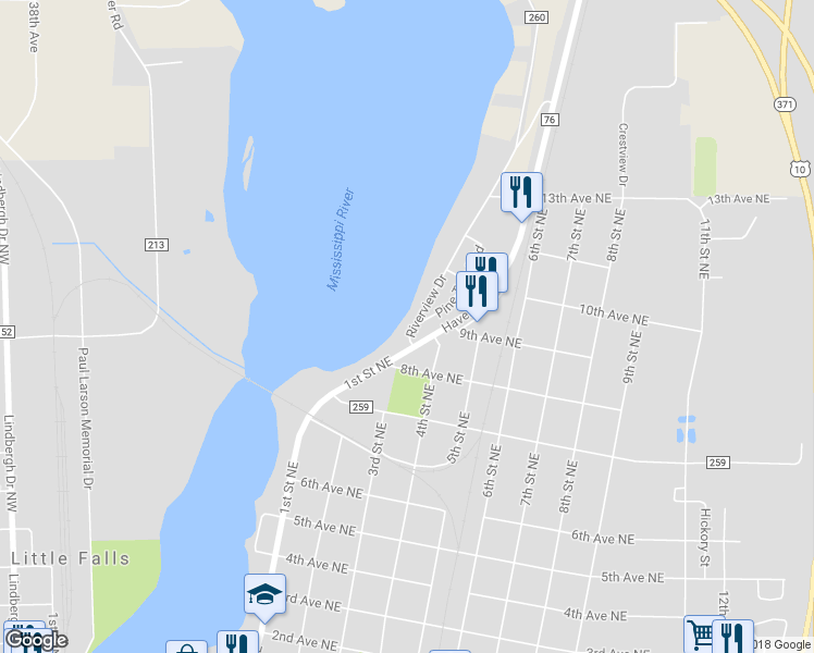 map of restaurants, bars, coffee shops, grocery stores, and more near 915 Riverview Drive in Little Falls