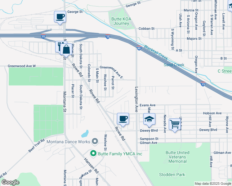 map of restaurants, bars, coffee shops, grocery stores, and more near 2556 Parrot Street in Butte