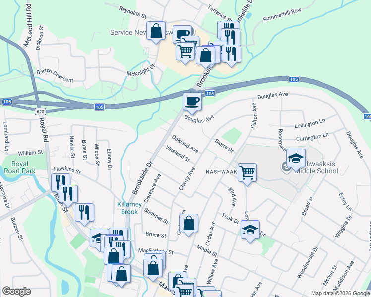 map of restaurants, bars, coffee shops, grocery stores, and more near 93 Oakland Avenue in Fredericton