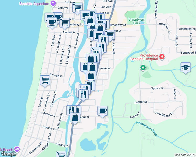 map of restaurants, bars, coffee shops, grocery stores, and more near 820 Avenue K in Seaside