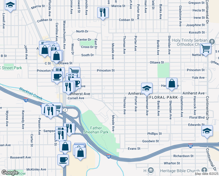 map of restaurants, bars, coffee shops, grocery stores, and more near 2418 Harvard Avenue in Butte