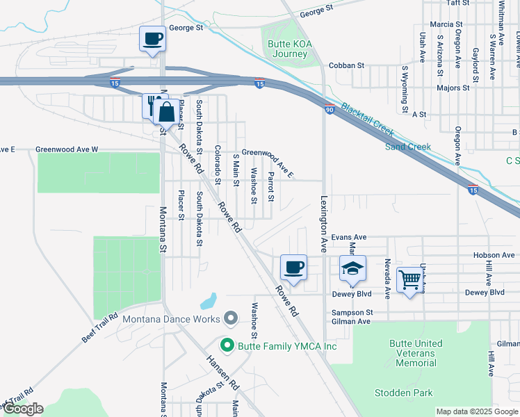 map of restaurants, bars, coffee shops, grocery stores, and more near 2560 Washoe Street in Butte