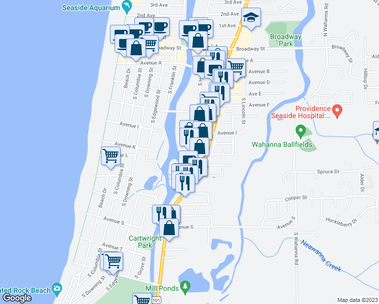 map of restaurants, bars, coffee shops, grocery stores, and more near 1104 S Holladay Dr in Seaside