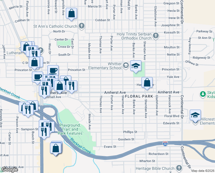 map of restaurants, bars, coffee shops, grocery stores, and more near 2620 Harvard Ave in Butte
