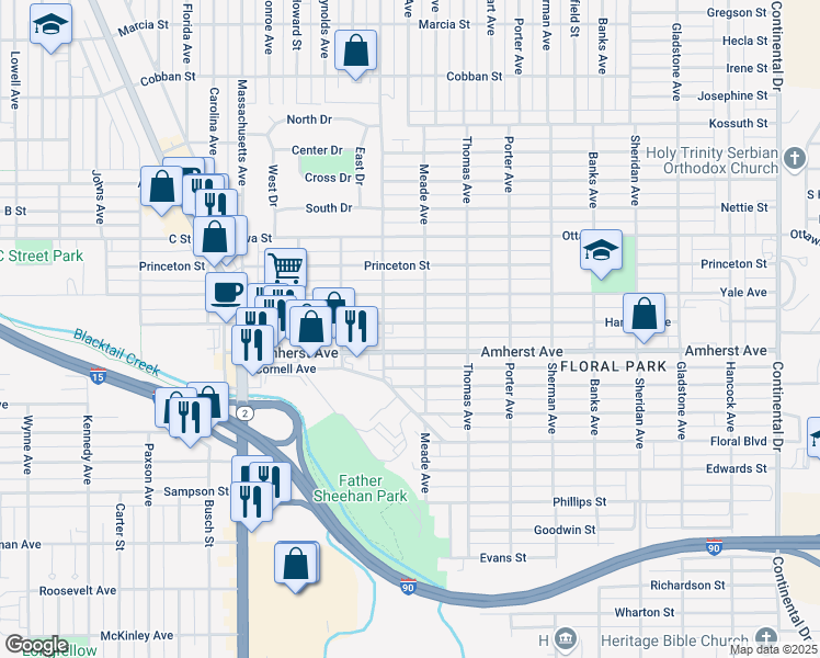 map of restaurants, bars, coffee shops, grocery stores, and more near 2418 Harvard Avenue in Butte
