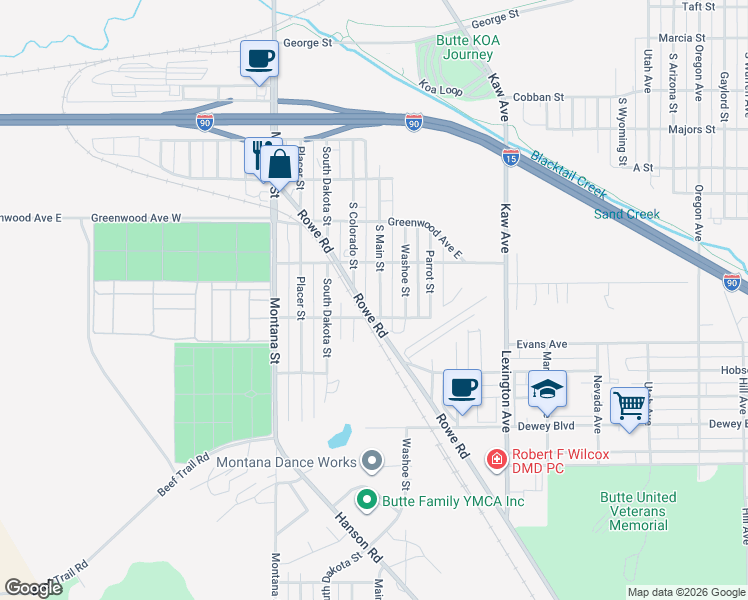 map of restaurants, bars, coffee shops, grocery stores, and more near 2551 South Main Street in Butte