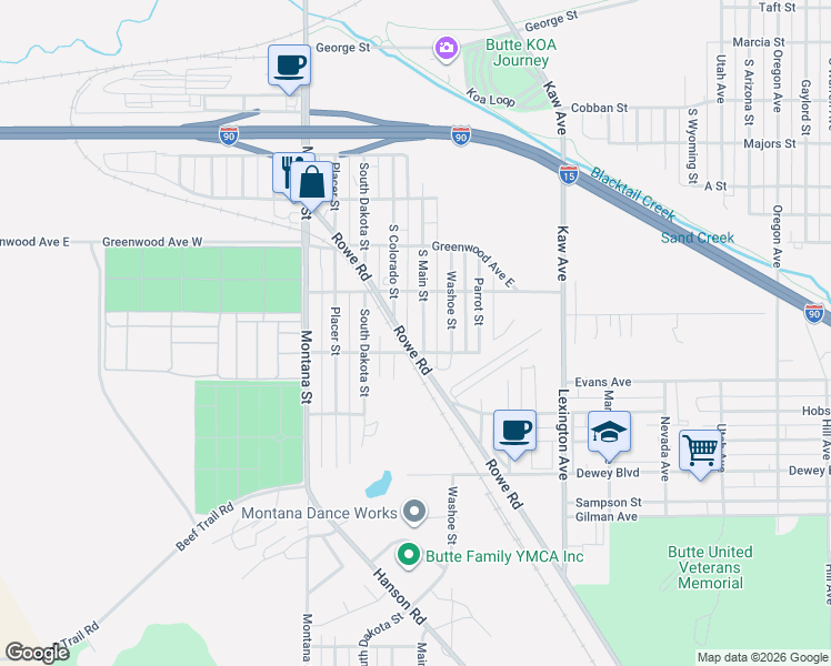 map of restaurants, bars, coffee shops, grocery stores, and more near 2551 South Main Street in Butte