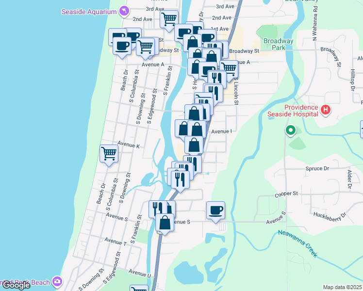 map of restaurants, bars, coffee shops, grocery stores, and more near 1104 South Holladay Drive in Seaside