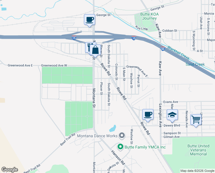 map of restaurants, bars, coffee shops, grocery stores, and more near 2537 South Dakota Street in Butte