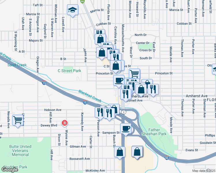 map of restaurants, bars, coffee shops, grocery stores, and more near 1931 Harvard Avenue in Butte