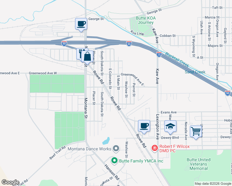 map of restaurants, bars, coffee shops, grocery stores, and more near 2551 South Main Street in Butte