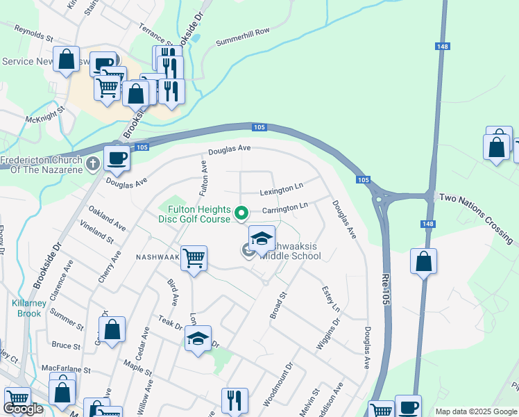 map of restaurants, bars, coffee shops, grocery stores, and more near 108 Carrington Lane in Fredericton