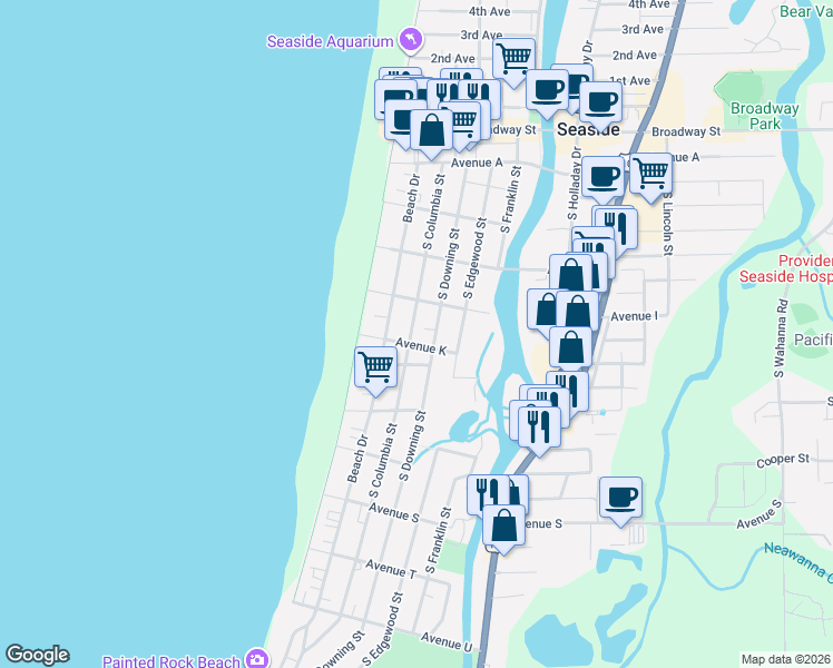 map of restaurants, bars, coffee shops, grocery stores, and more near 1061 South Columbia Street in Seaside