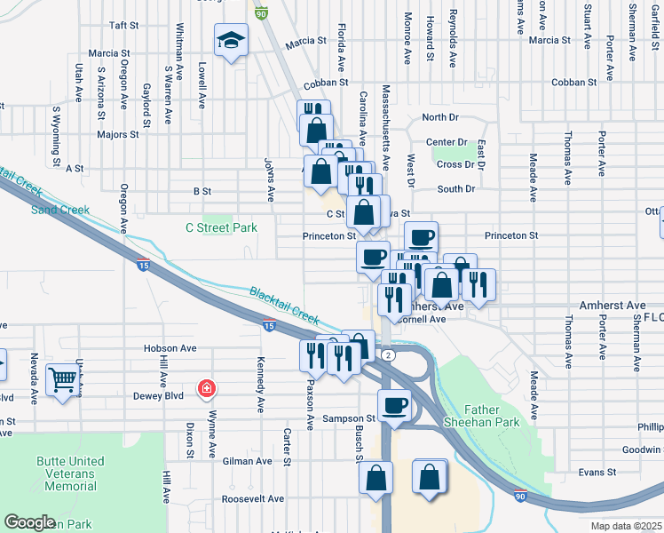 map of restaurants, bars, coffee shops, grocery stores, and more near 1931 Harvard Avenue in Butte