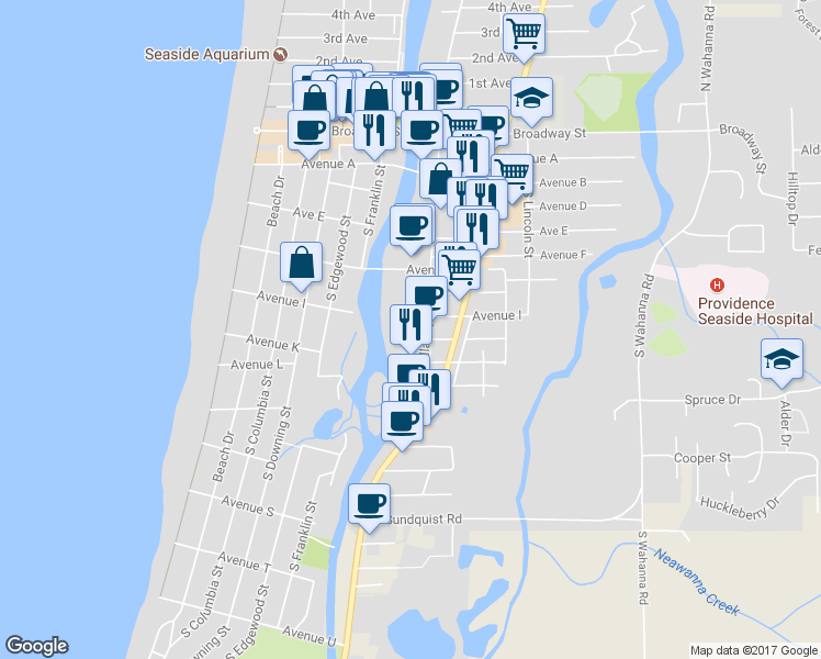 map of restaurants, bars, coffee shops, grocery stores, and more near 900 South Holladay Drive in Seaside