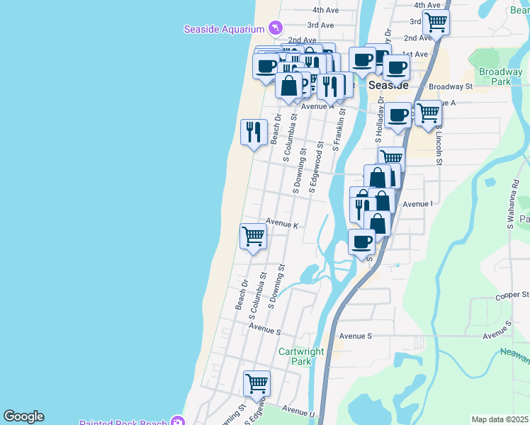 map of restaurants, bars, coffee shops, grocery stores, and more near 941 Beach Drive in Seaside