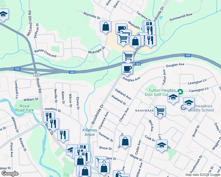 map of restaurants, bars, coffee shops, grocery stores, and more near 237 Brookside Drive in Fredericton