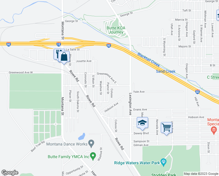 map of restaurants, bars, coffee shops, grocery stores, and more near 2504 Parrot Street in Butte