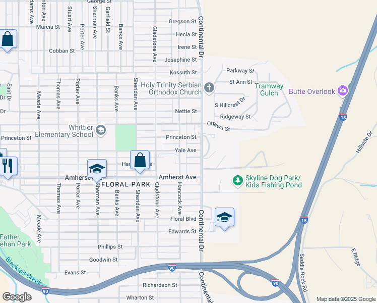 map of restaurants, bars, coffee shops, grocery stores, and more near 3210 Princeton Street in Butte