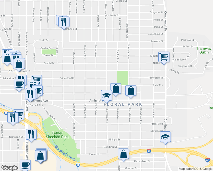 map of restaurants, bars, coffee shops, grocery stores, and more near 2799 Yale Avenue in Butte