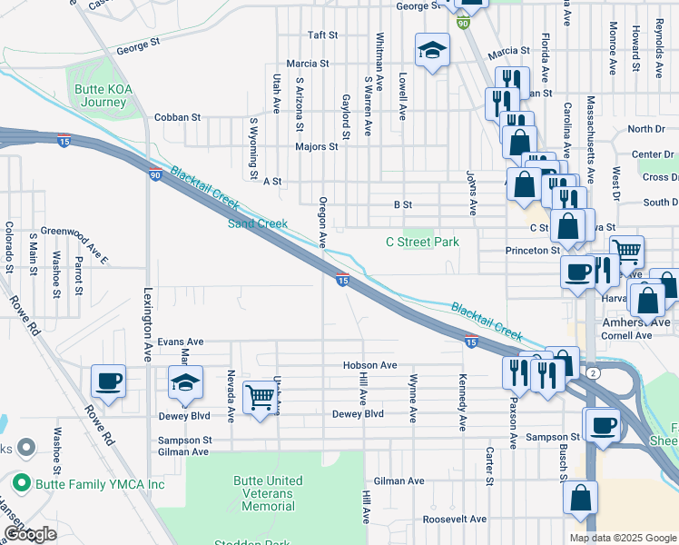 map of restaurants, bars, coffee shops, grocery stores, and more near Interstate 15 in Butte