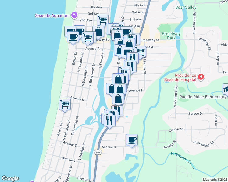 map of restaurants, bars, coffee shops, grocery stores, and more near River Ct in Seaside