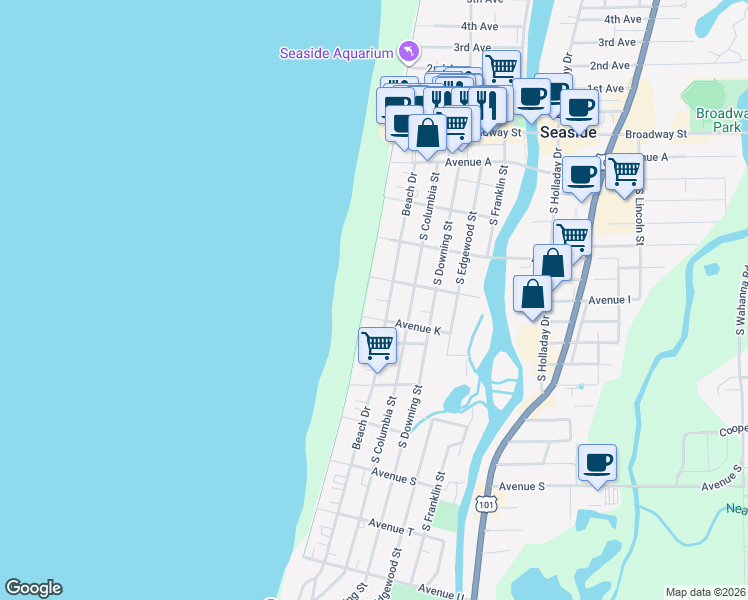map of restaurants, bars, coffee shops, grocery stores, and more near 961 South Promenade in Seaside
