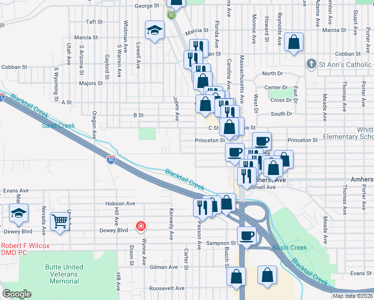 map of restaurants, bars, coffee shops, grocery stores, and more near 2525 Johns Avenue in Butte