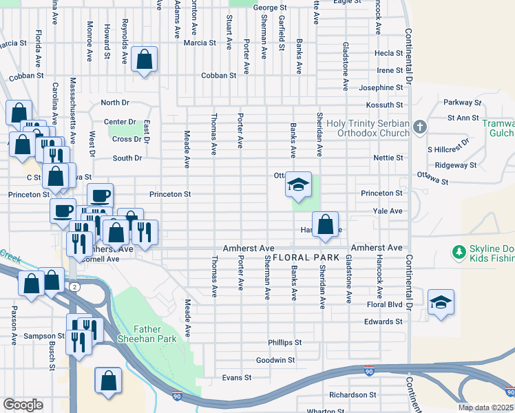 map of restaurants, bars, coffee shops, grocery stores, and more near 2734 Princeton Street in Butte-Silver Bow