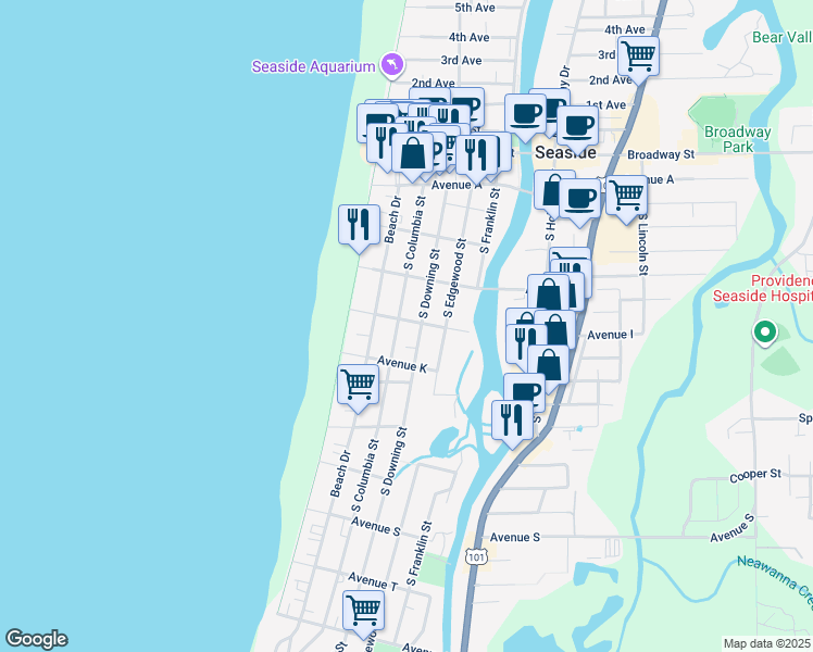 map of restaurants, bars, coffee shops, grocery stores, and more near 241 Avenue I in Seaside