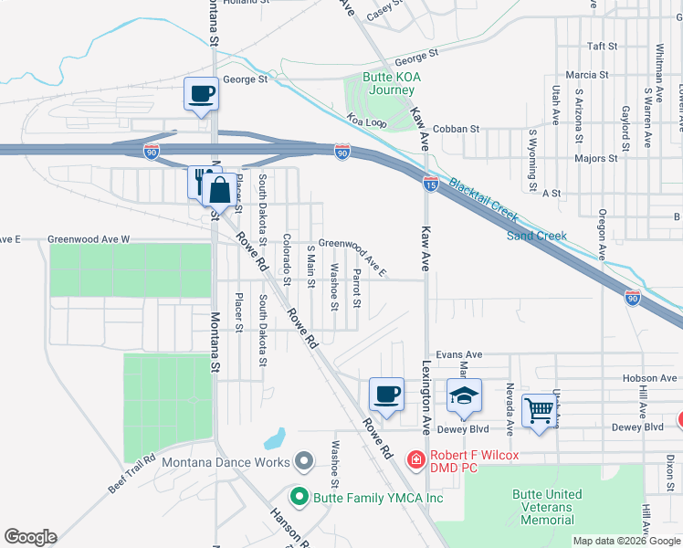 map of restaurants, bars, coffee shops, grocery stores, and more near 2430 Washoe Street in Butte