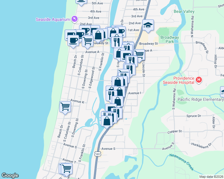 map of restaurants, bars, coffee shops, grocery stores, and more near River Court in Seaside
